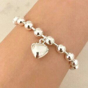 925 Sterling Silver Bead Bracelet Thick Chunky Heart Bracelet Dangle Heart Charm